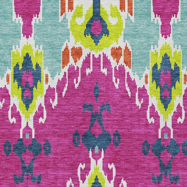 5' X 8' Pink Lime Green And Orange Ikat Washable Indoor Outdoor Area Rug