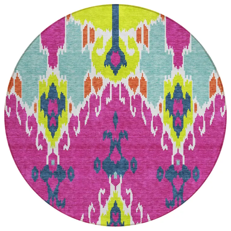 8' Pink Lime Green And Orange Round Ikat Washable Indoor Outdoor Area Rug