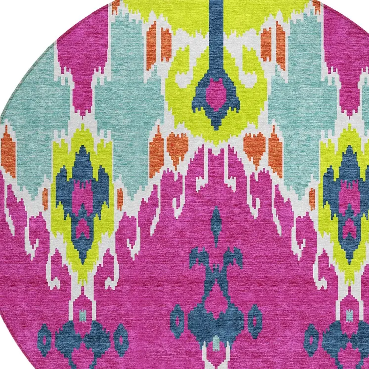 8' Pink Lime Green And Orange Round Ikat Washable Indoor Outdoor Area Rug