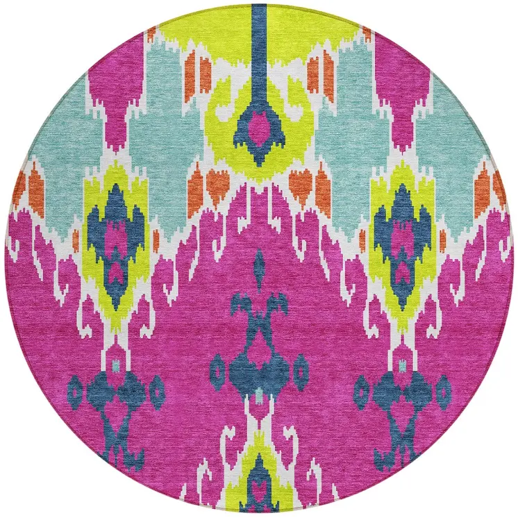 8' Pink Lime Green And Orange Round Ikat Washable Indoor Outdoor Area Rug