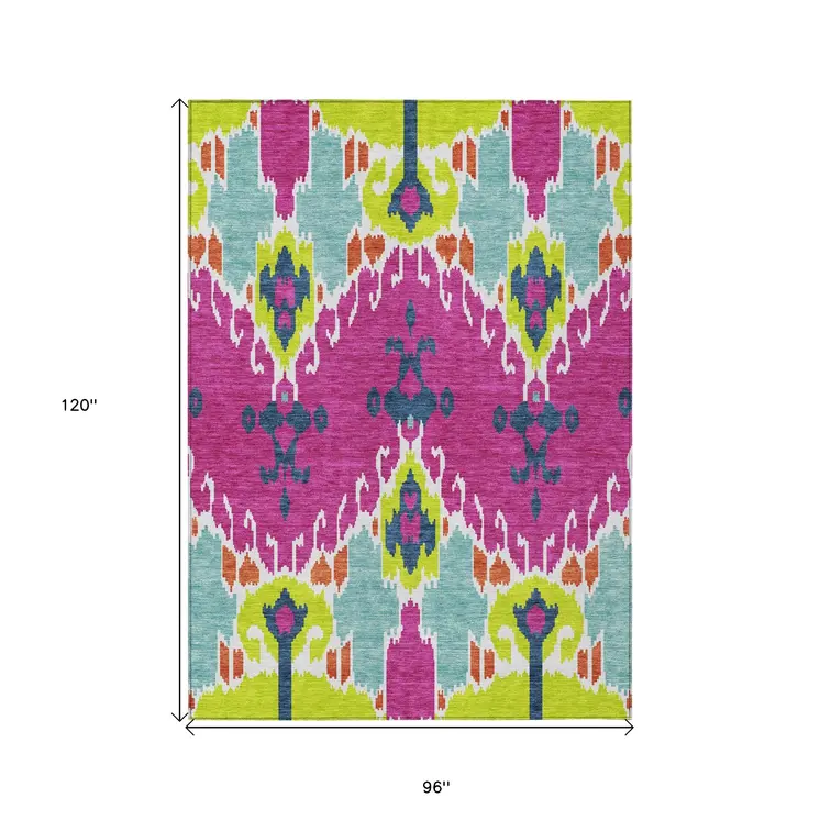8' X 10' Pink Lime Green And Orange Ikat Washable Indoor Outdoor Area Rug