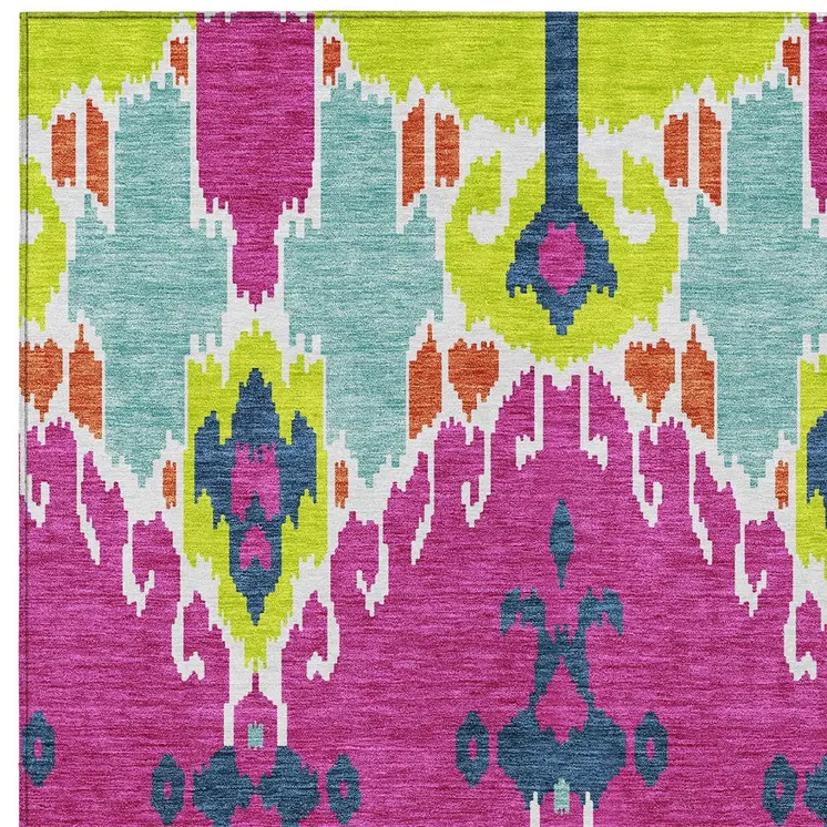 8' X 10' Pink Lime Green And Orange Ikat Washable Indoor Outdoor Area Rug