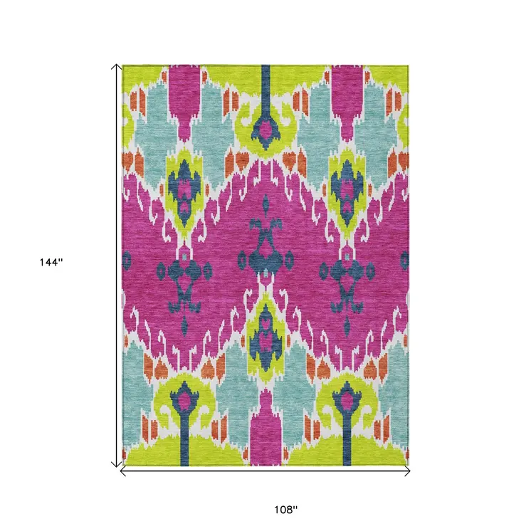 9' X 12' Pink Lime Green And Orange Ikat Washable Indoor Outdoor Area Rug