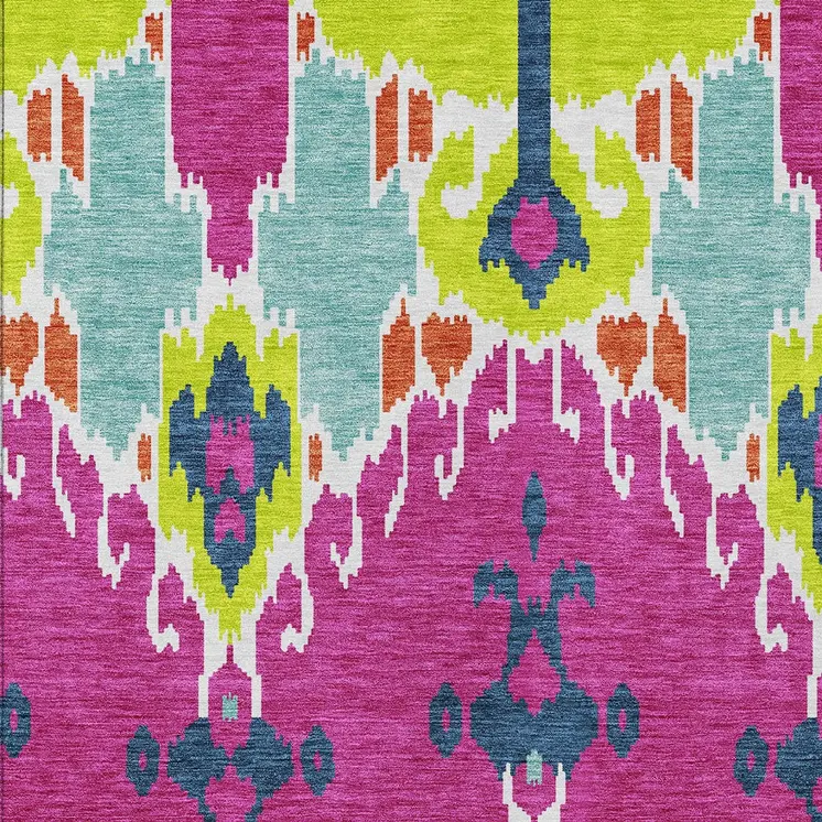 9' X 12' Pink Lime Green And Orange Ikat Washable Indoor Outdoor Area Rug