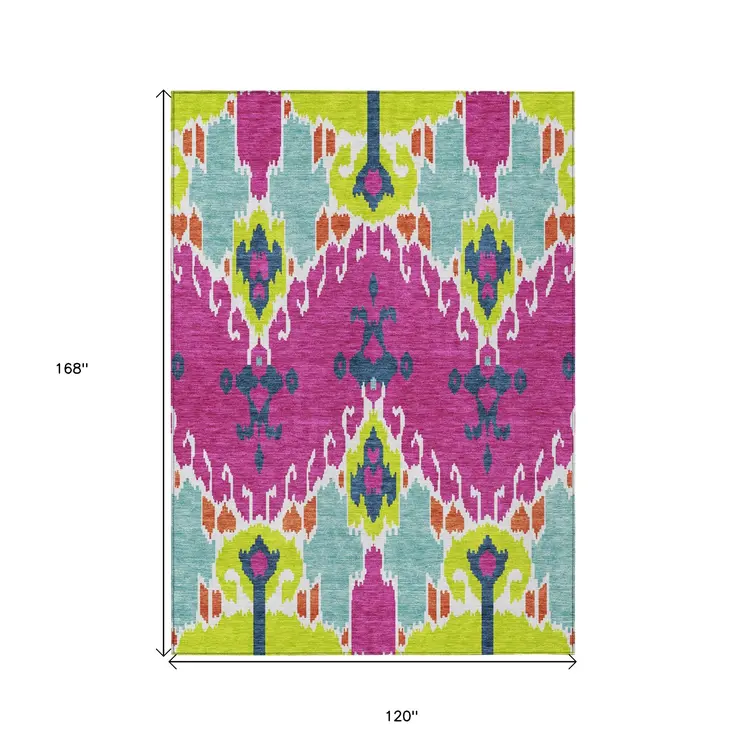 10' X 14' Pink Lime Green And Orange Ikat Washable Indoor Outdoor Area Rug