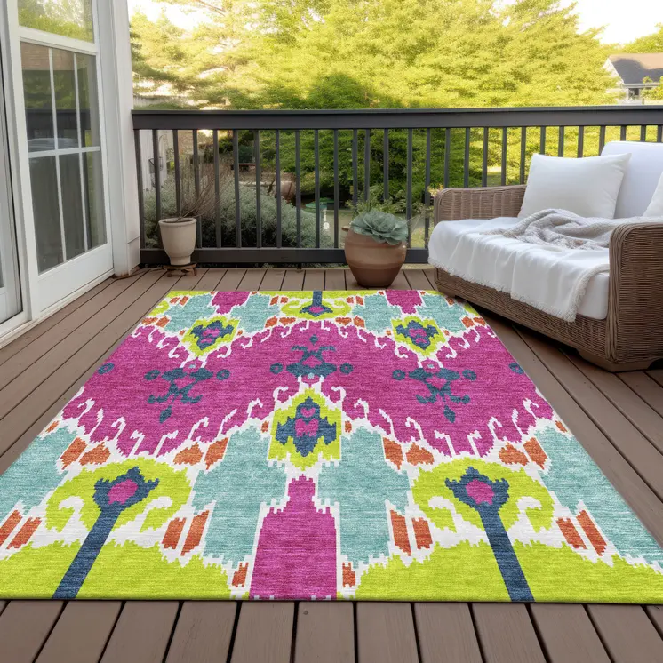 10' X 14' Pink Lime Green And Orange Ikat Washable Indoor Outdoor Area Rug