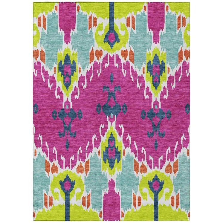 10' X 14' Pink Lime Green And Orange Ikat Washable Indoor Outdoor Area Rug