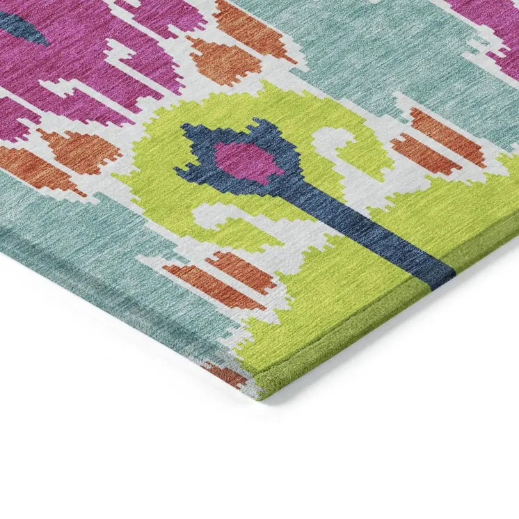 10' X 14' Pink Lime Green And Orange Ikat Washable Indoor Outdoor Area Rug