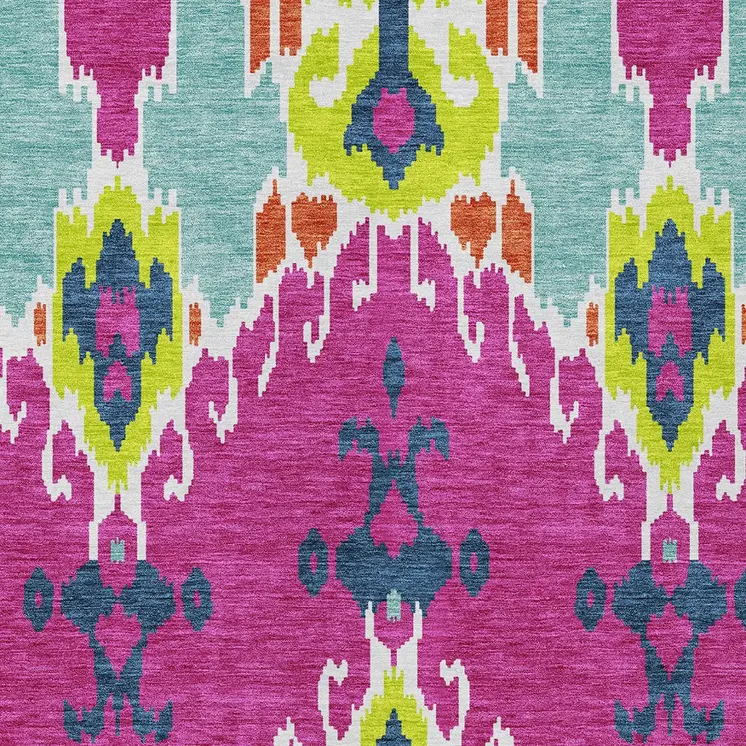 10' X 14' Pink Lime Green And Orange Ikat Washable Indoor Outdoor Area Rug
