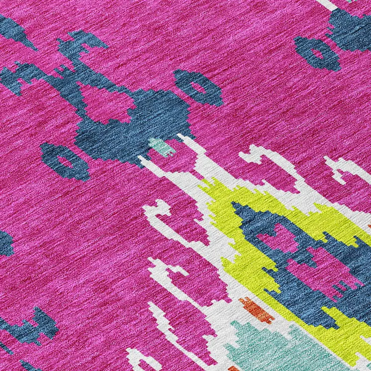10' X 14' Pink Lime Green And Orange Ikat Washable Indoor Outdoor Area Rug