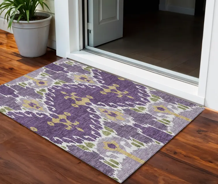 3' X 5' Purple Lavender And Gold Ikat Washable Indoor Outdoor Area Rug