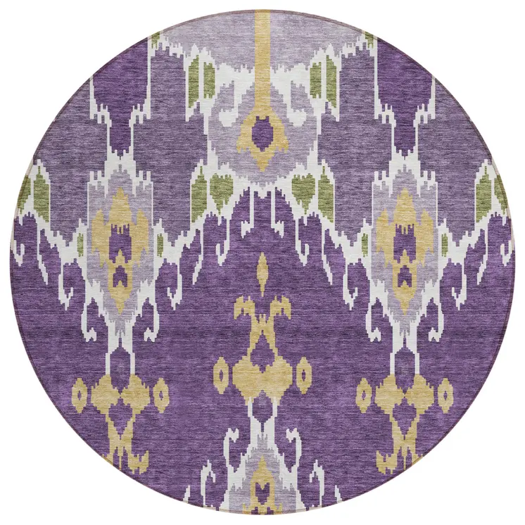8' Purple Lavender And Gold Round Ikat Washable Indoor Outdoor Area Rug