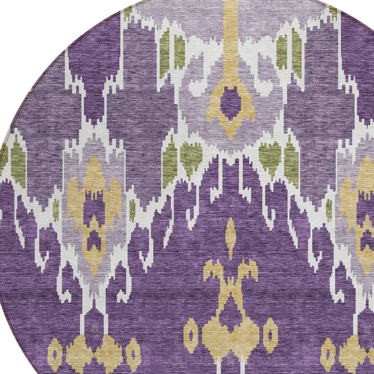 8' Purple Lavender And Gold Round Ikat Washable Indoor Outdoor Area Rug