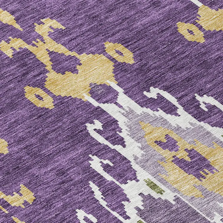 8' Purple Lavender And Gold Round Ikat Washable Indoor Outdoor Area Rug