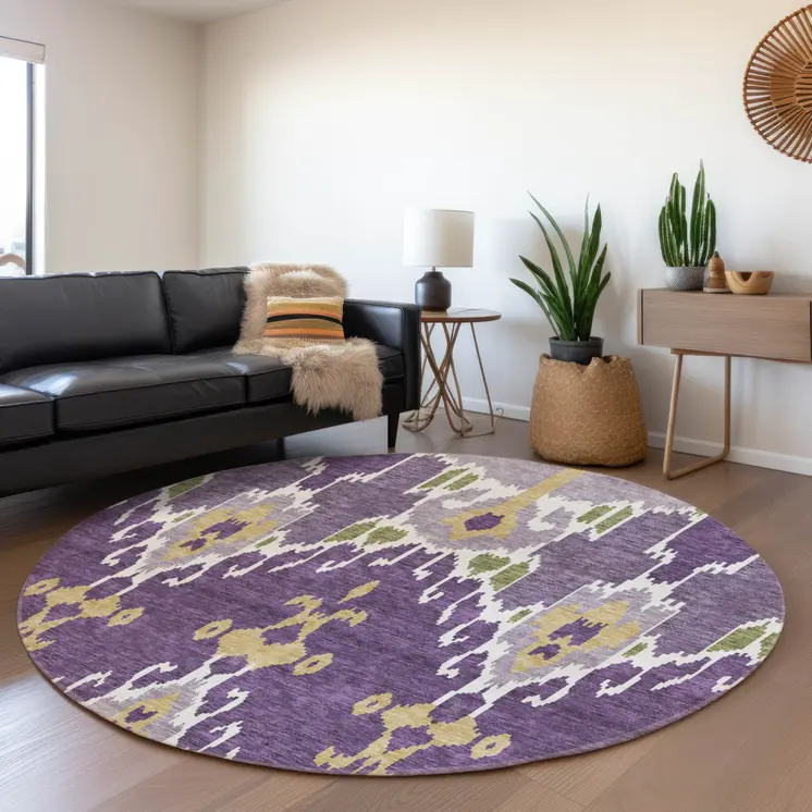 8' Purple Lavender And Gold Round Ikat Washable Indoor Outdoor Area Rug