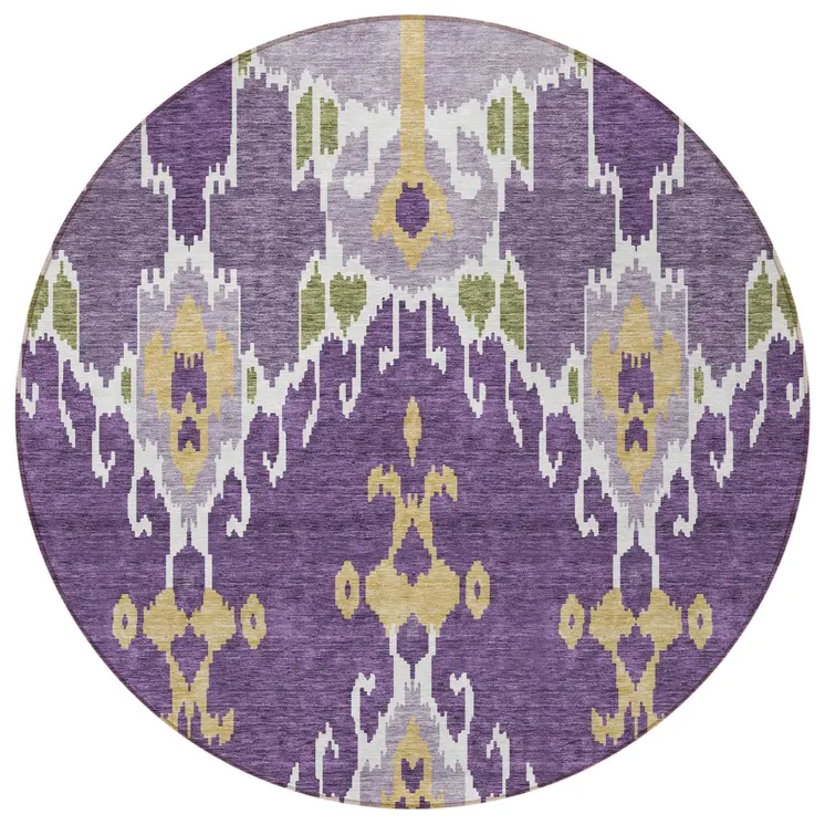 8' Purple Lavender And Gold Round Ikat Washable Indoor Outdoor Area Rug