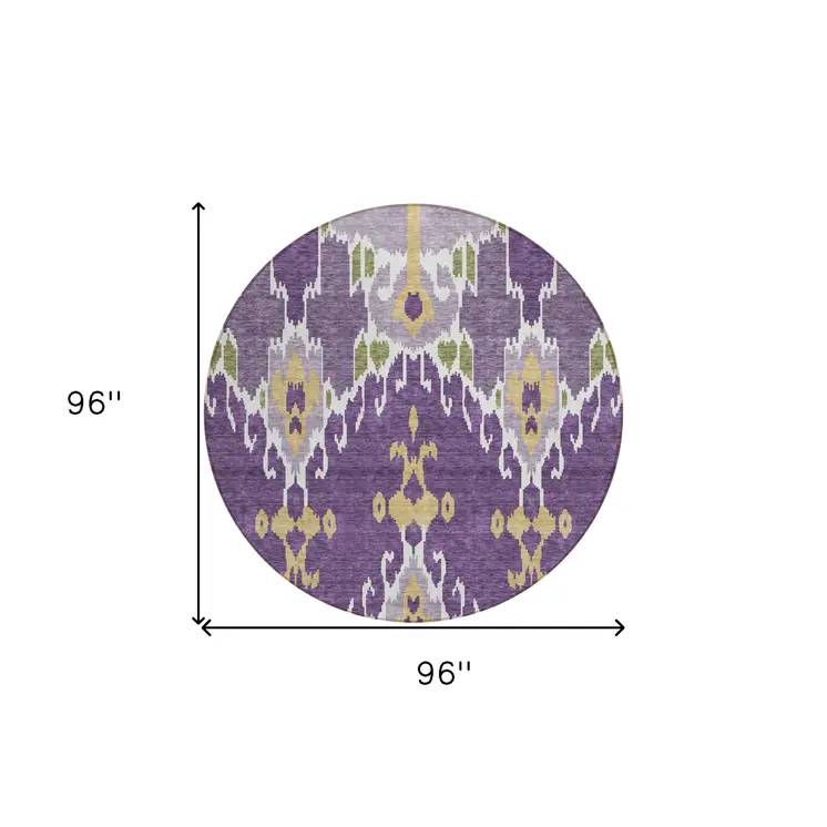 8' Purple Lavender And Gold Round Ikat Washable Indoor Outdoor Area Rug