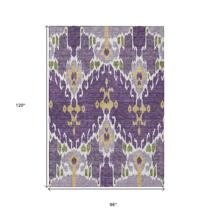 8' X 10' Purple Lavender And Gold Ikat Washable Indoor Outdoor Area Rug