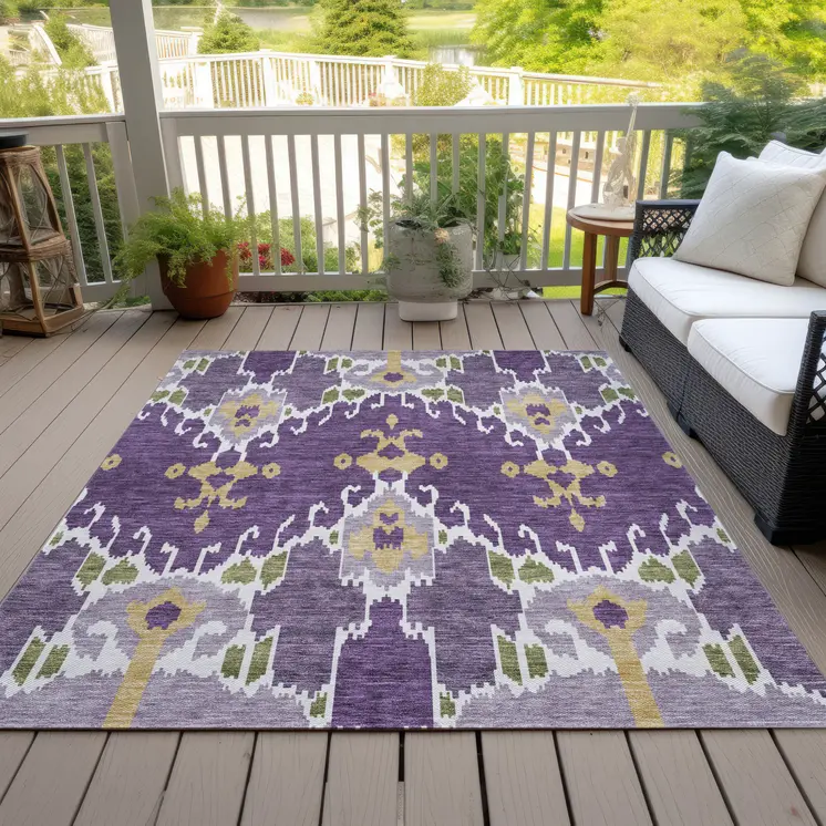 8' X 10' Purple Lavender And Gold Ikat Washable Indoor Outdoor Area Rug
