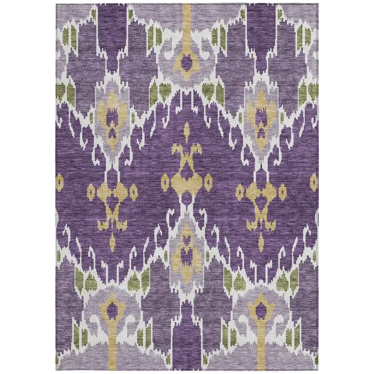 8' X 10' Purple Lavender And Gold Ikat Washable Indoor Outdoor Area Rug
