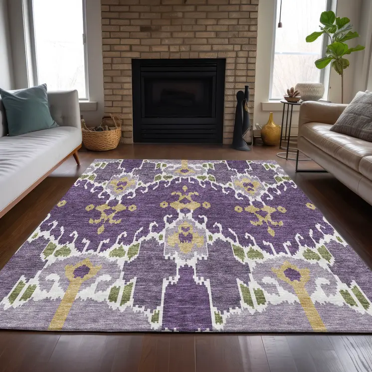 8' X 10' Purple Lavender And Gold Ikat Washable Indoor Outdoor Area Rug