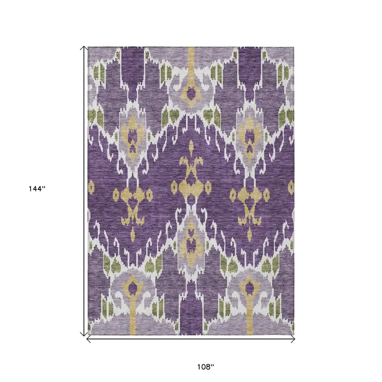 9' X 12' Purple Lavender And Gold Ikat Washable Indoor Outdoor Area Rug