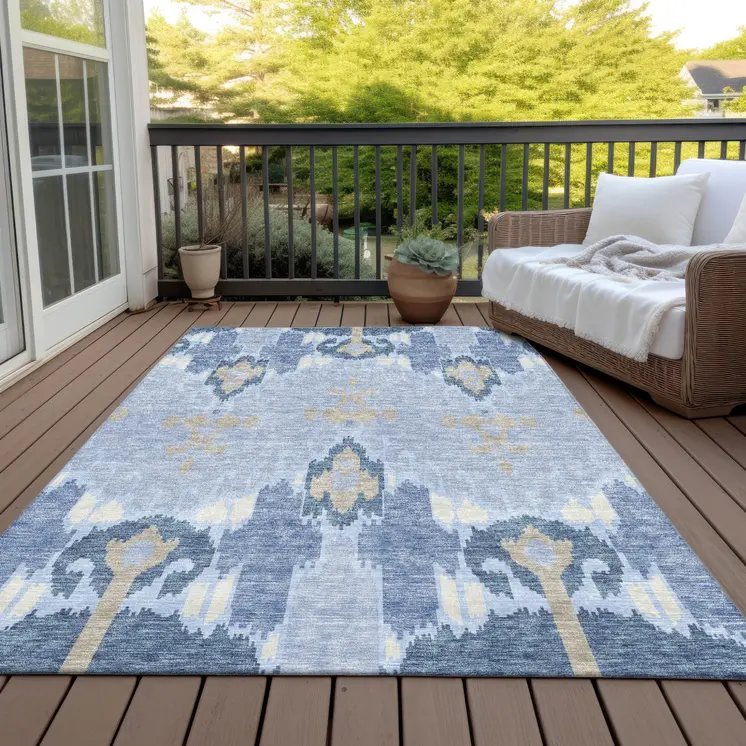 3' X 5' Sky Blue Denim Blue And Ivory Ikat Washable Indoor Outdoor Area Rug