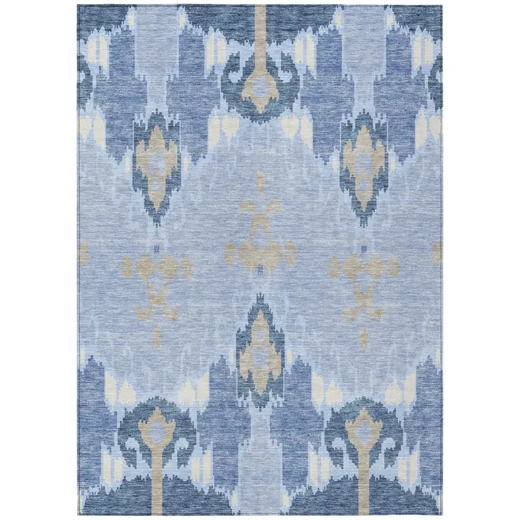 3' X 5' Sky Blue Denim Blue And Ivory Ikat Washable Indoor Outdoor Area Rug