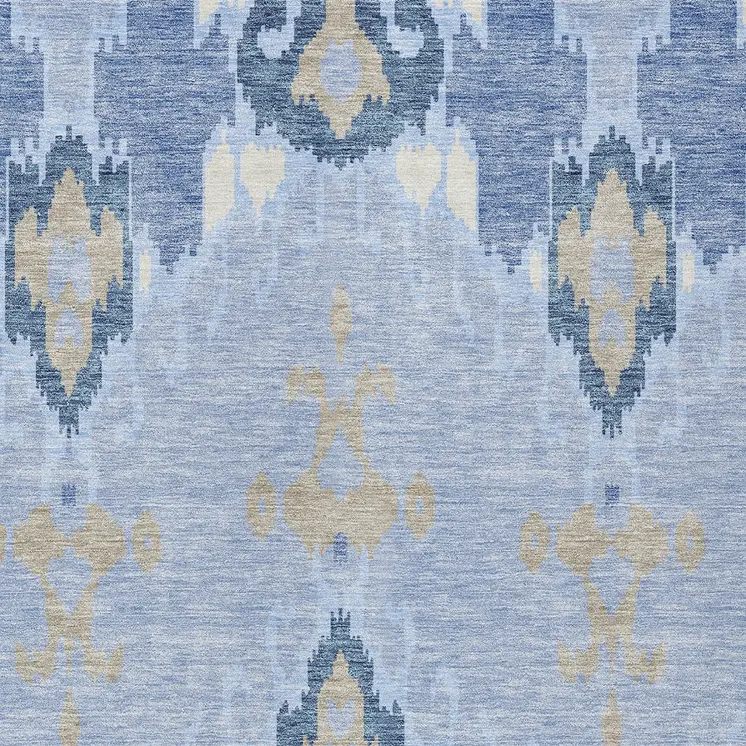 3' X 5' Sky Blue Denim Blue And Ivory Ikat Washable Indoor Outdoor Area Rug