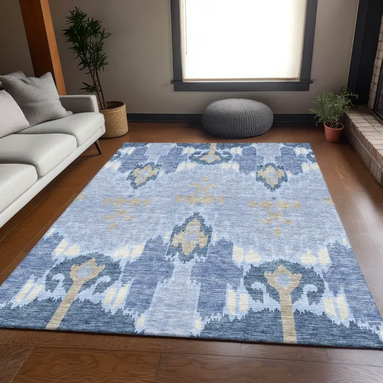 3' X 5' Sky Blue Denim Blue And Ivory Ikat Washable Indoor Outdoor Area Rug