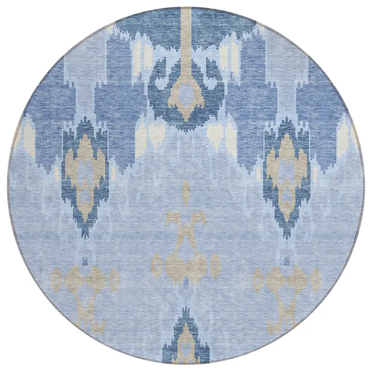 8' Sky Blue Denim Blue And Ivory Round Ikat Washable Indoor Outdoor Area Rug