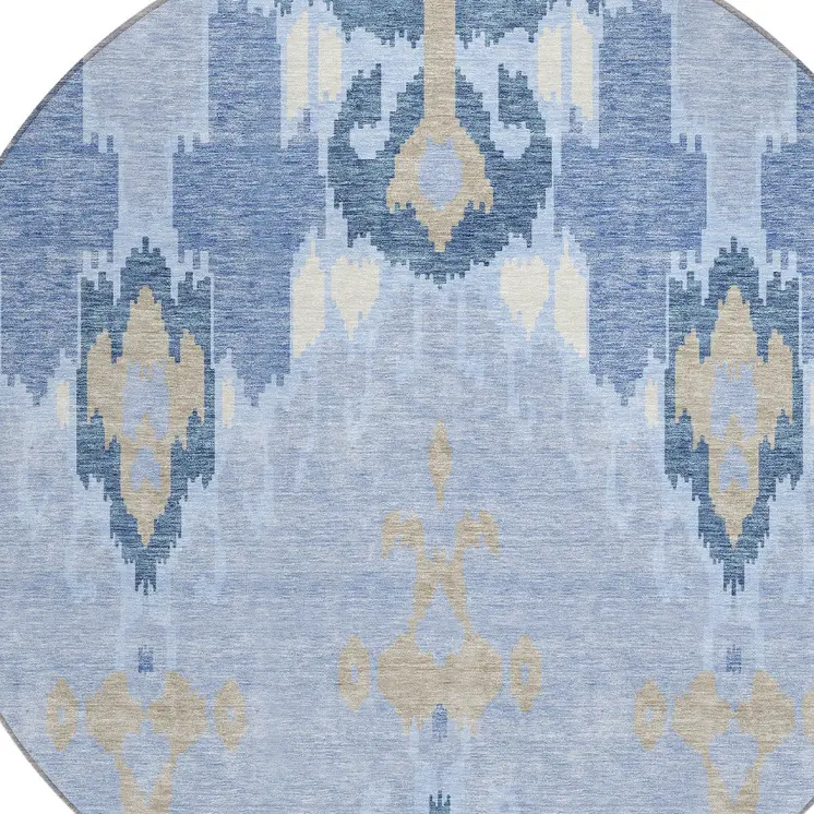 8' Sky Blue Denim Blue And Ivory Round Ikat Washable Indoor Outdoor Area Rug