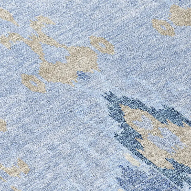 8' Sky Blue Denim Blue And Ivory Round Ikat Washable Indoor Outdoor Area Rug