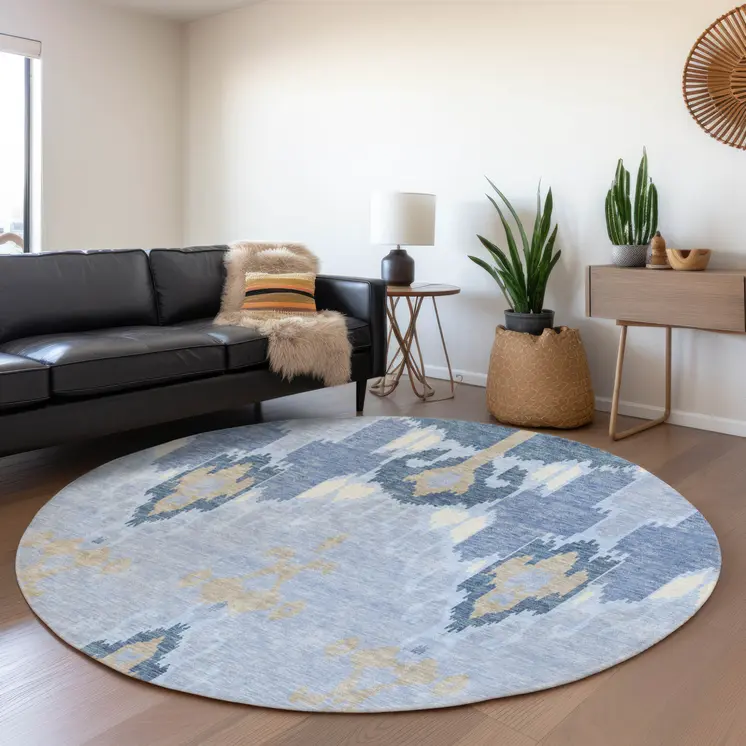 8' Sky Blue Denim Blue And Ivory Round Ikat Washable Indoor Outdoor Area Rug