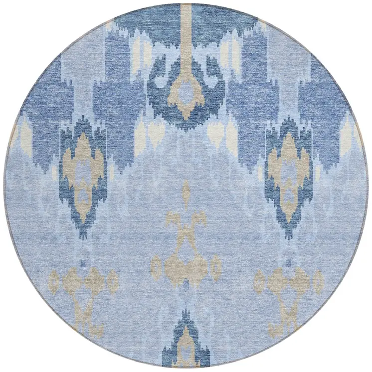 8' Sky Blue Denim Blue And Ivory Round Ikat Washable Indoor Outdoor Area Rug