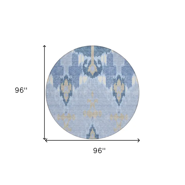 8' Sky Blue Denim Blue And Ivory Round Ikat Washable Indoor Outdoor Area Rug