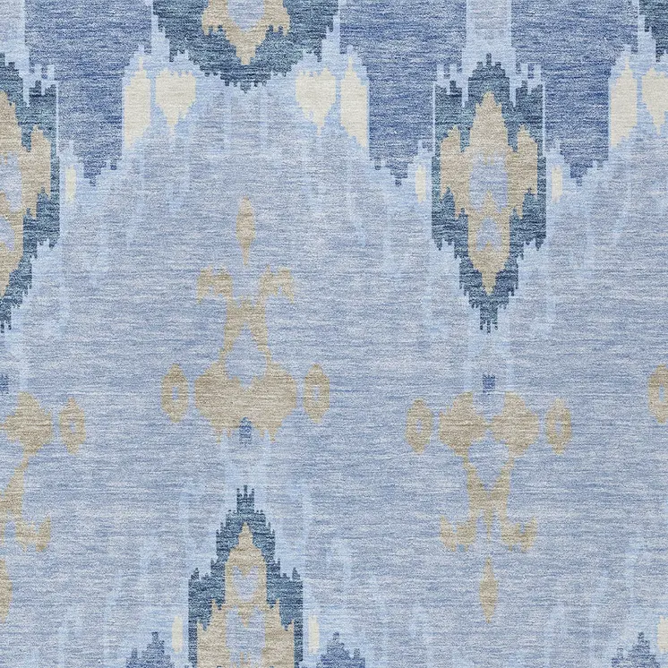 8' X 10' Sky Blue Denim Blue And Ivory Ikat Washable Indoor Outdoor Area Rug
