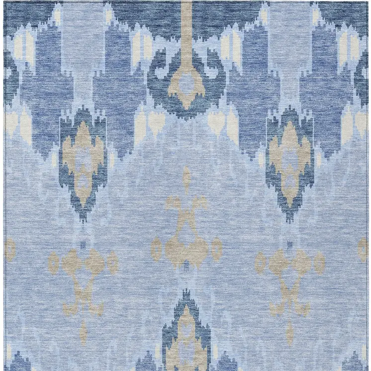 9' X 12' Sky Blue Denim Blue And Ivory Ikat Washable Indoor Outdoor Area Rug