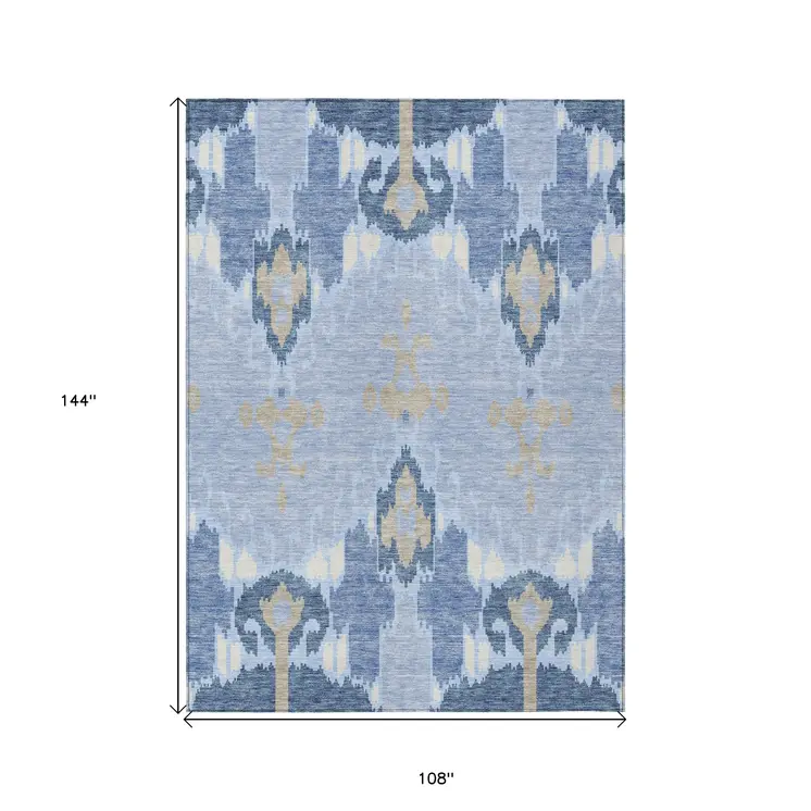9' X 12' Sky Blue Denim Blue And Ivory Ikat Washable Indoor Outdoor Area Rug