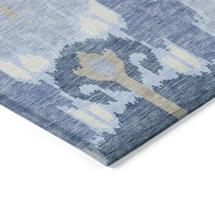 9' X 12' Sky Blue Denim Blue And Ivory Ikat Washable Indoor Outdoor Area Rug