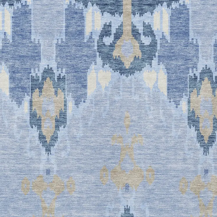 9' X 12' Sky Blue Denim Blue And Ivory Ikat Washable Indoor Outdoor Area Rug