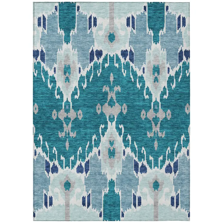 3' X 5' Teal Blue Navy Blue And Gray Ikat Washable Indoor Outdoor Area Rug