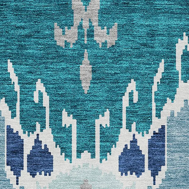 3' X 5' Teal Blue Navy Blue And Gray Ikat Washable Indoor Outdoor Area Rug