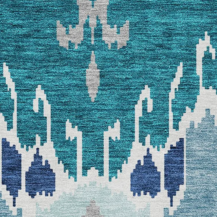 5' X 8' Teal Blue Navy Blue And Gray Ikat Washable Indoor Outdoor Area Rug