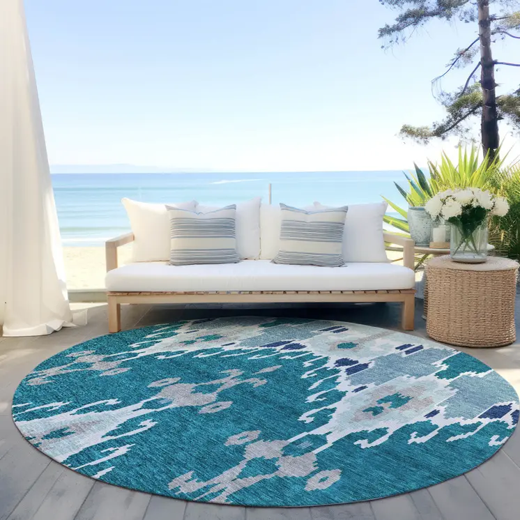 8' Teal Blue Navy Blue And Gray Round Ikat Washable Indoor Outdoor Area Rug