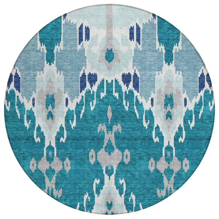 8' Teal Blue Navy Blue And Gray Round Ikat Washable Indoor Outdoor Area Rug