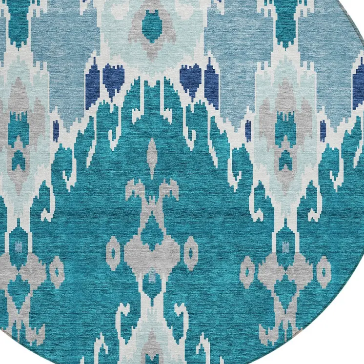 8' Teal Blue Navy Blue And Gray Round Ikat Washable Indoor Outdoor Area Rug