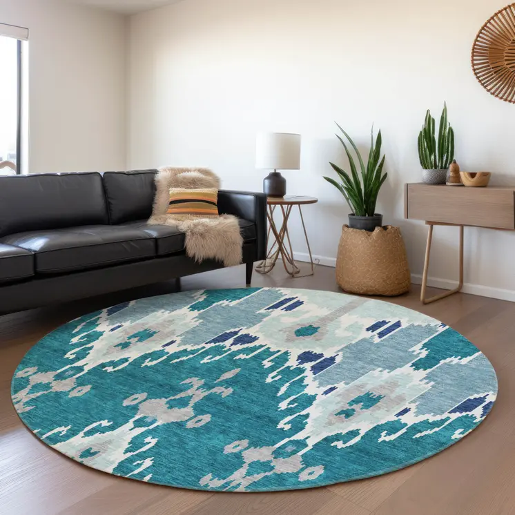 8' Teal Blue Navy Blue And Gray Round Ikat Washable Indoor Outdoor Area Rug