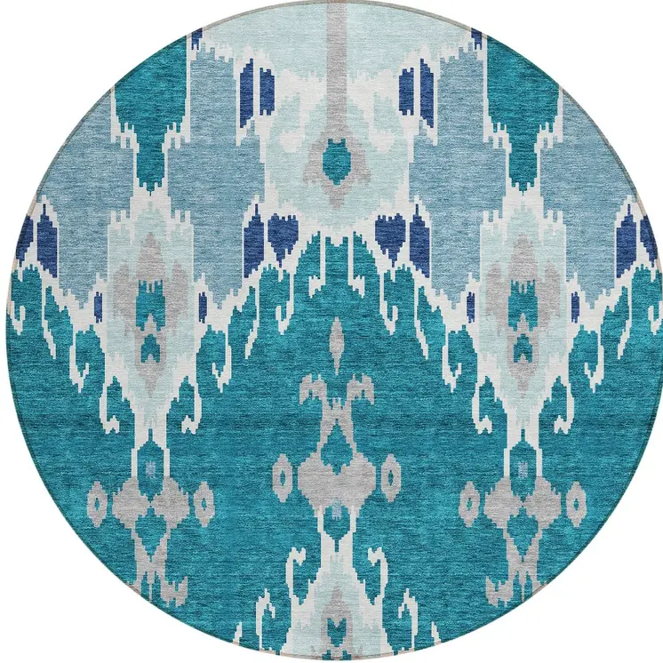 8' Teal Blue Navy Blue And Gray Round Ikat Washable Indoor Outdoor Area Rug