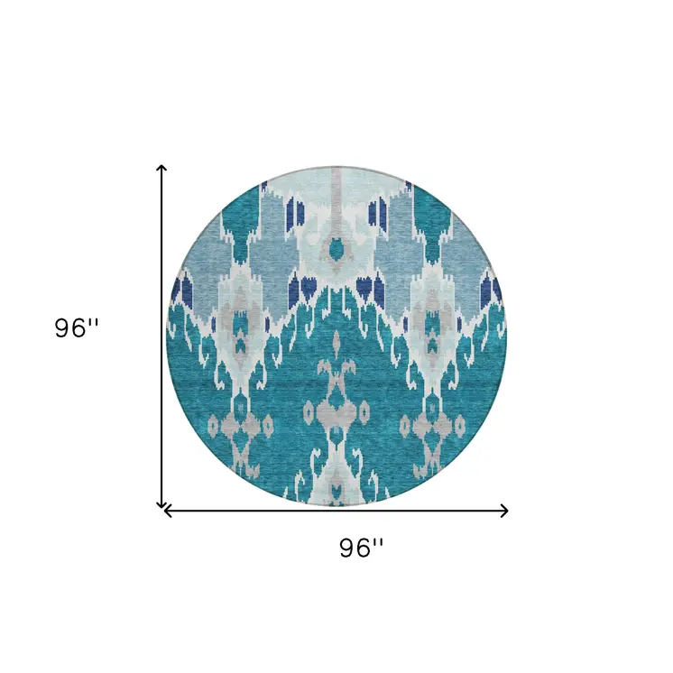 8' Teal Blue Navy Blue And Gray Round Ikat Washable Indoor Outdoor Area Rug